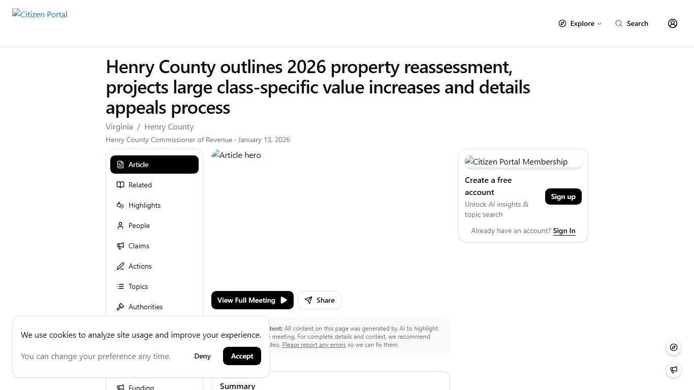 Henry County outlines 2026 property reassessment, projects large class‑specific value increases and details appeals process Citizen Portal